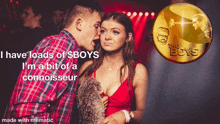 a man kissing a woman on the cheek next to a coin that says " the boys "