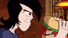 a cartoon character is holding a hamburger with a red ribbon on it
