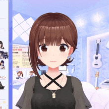 a girl with brown hair is standing in front of a poster that says happy piano