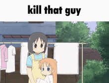 a cartoon of a girl and a boy standing next to each other with the words kill that guy above them .