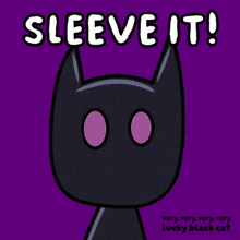 a very very very very lucky black cat says sleeve it on a purple background