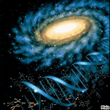 a picture of a galaxy and dna molecules with pixiz written on the bottom