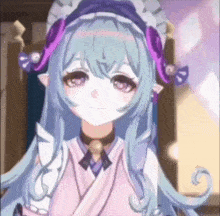 a girl with long blue hair and purple ears is wearing a pink dress and a maid hat .