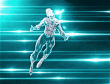 a superhero is flying through the air in a blue background