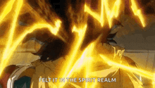 a close up of a person 's face with fire coming out of it and the words `` felt it in the spirit realm ''