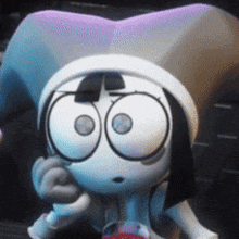 a cartoon character is wearing a jester hat and holding a glass