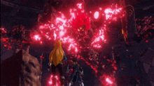 a video game scene with a woman holding a sword