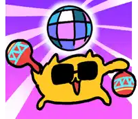 a cartoon cat with sunglasses and maracas holds a disco ball on its head