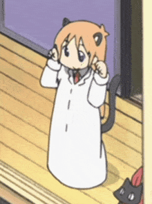 a cartoon of a girl in a lab coat with a cat 's tail on her head