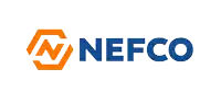 a blue and orange nefco logo with a hexagon in the center