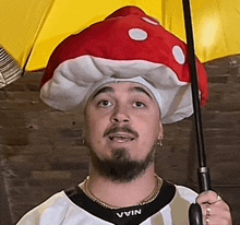 a man wearing a mushroom hat holds an umbrella