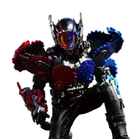 a robot with red and blue gears on his armor