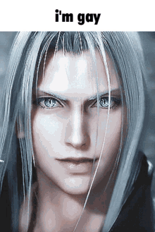 a close up of a person 's face with the words " i 'm gay " above it