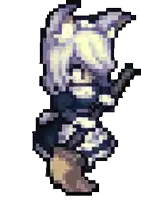 a pixel art drawing of a fox with a purple tail