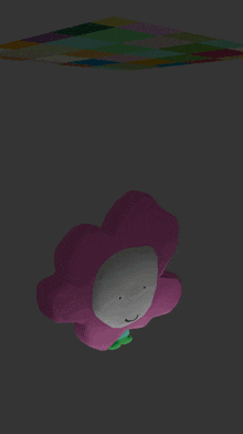 a pink cartoon character with a white face is floating on top of a colorful blanket