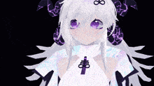 a girl with white hair and purple eyes is wearing a necklace with a cross on it