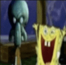spongebob and squidward from spongebob squarepants are standing next to each other and laughing .