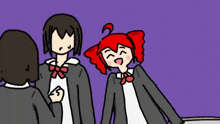 a cartoon of a girl with red hair talking to another girl
