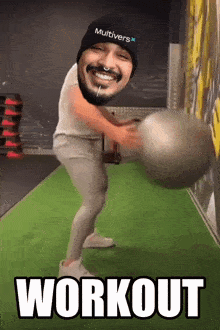 a man wearing a multiverse hat is holding a ball in a gym