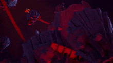 a cartoon character is holding a trophy with a red light behind it