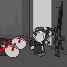 a cartoon character is standing next to a rifle in a room with a bunch of balloons .