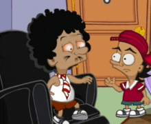 a cartoon of a boy sitting in a chair talking to another boy wearing a red hat