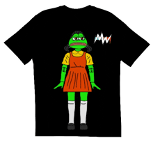 a black t-shirt with a cartoon of a frog wearing a red and yellow dress
