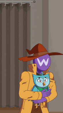 a cartoon drawing of a man holding an owl with the letter w on his head