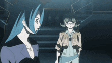 two anime characters are standing next to each other and one has blue hair