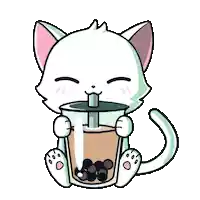 a white cat is drinking a cup of bubble tea .