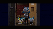 a cartoon character stands in a doorway with three cats
