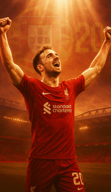 a soccer player wearing a red jersey with the number 20 on it