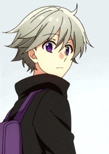 a boy with white hair and purple eyes is wearing a black jacket and purple backpack