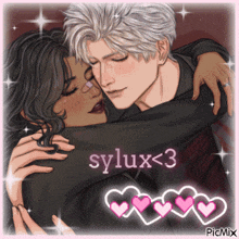 a picture of a man and woman hugging with sylux < 3 written in pink