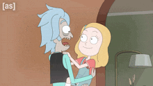 a cartoon of rick and morty holding each other with the words [ as ] above them