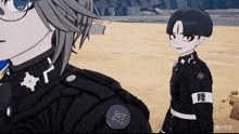 a screenshot of a video game shows a girl and a boy with chinese writing on their uniforms