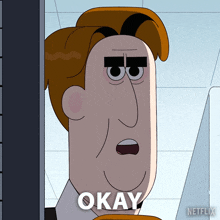 a cartoon of a man with the word okay above his head