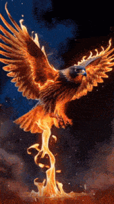 a painting of an eagle with flames coming out of its feet