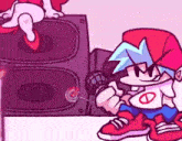 a cartoon character is holding a microphone in front of a speaker while a girl is dancing in the background .