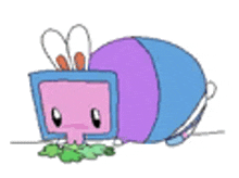 a cartoon drawing of a purple and pink rabbit laying on the ground eating greens .