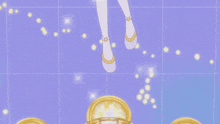 a girl in a white dress with gold trim is standing on a purple background
