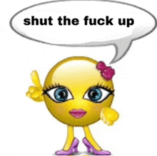 a female smiley face with purple shoes and a speech bubble that says shut the fuck up
