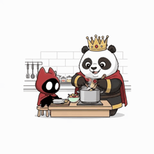 a panda bear wearing a crown is standing next to a cat