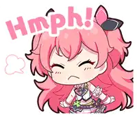a cartoon of a girl with pink hair and a speech bubble that says hmph .