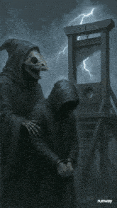 a grim reaper is standing in front of a guillotine that says yfs on it