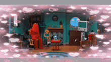 a pixel art of a room with hearts and a clock on the wall