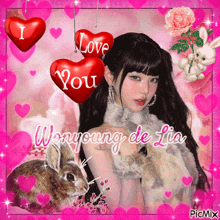 a picture of a girl with a rabbit and hearts that says i love you wonyoung de lia