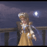 a girl in a yellow dress is standing on a balcony with a green cloth behind her