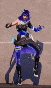 a video game character with purple hair and blue pants