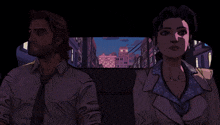 a man and a woman are sitting in a car looking out the window at a city